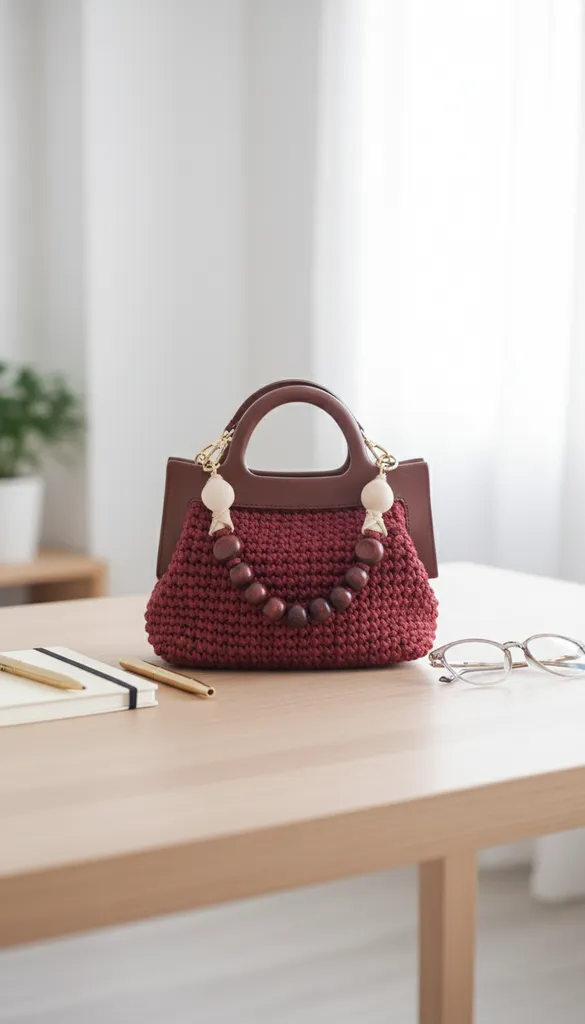 Bordo Renkli Ahşap Saplı Örme Portföy Çanta - El Emeği