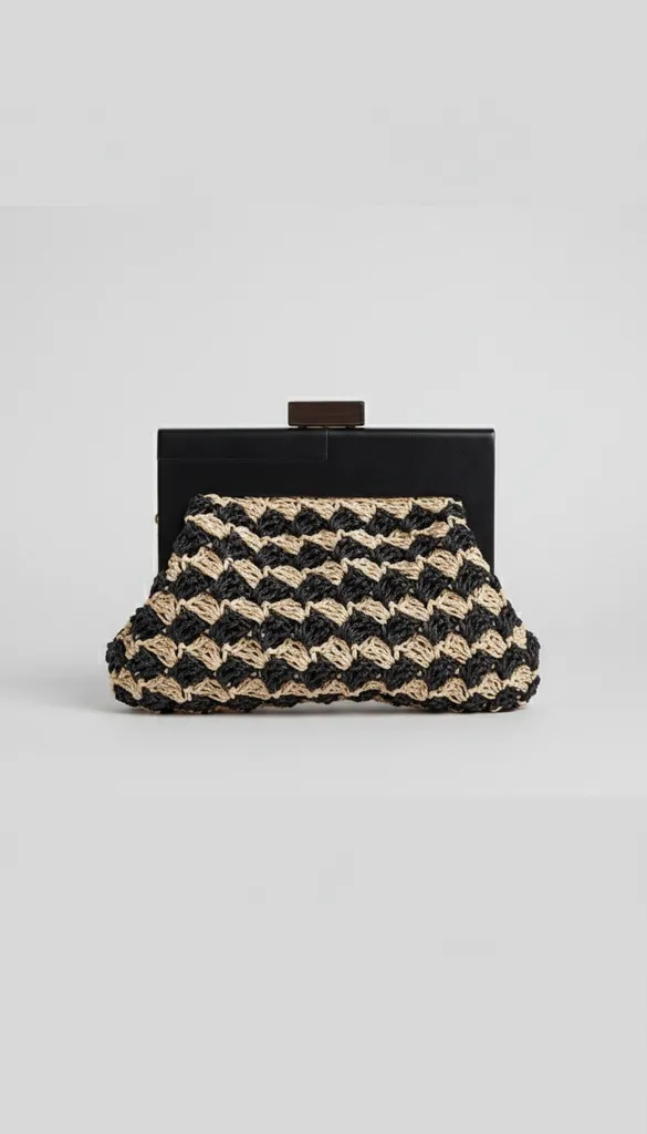 Siyah Ahşap Detaylı Örme Portföy Çanta - Modern Tasarım