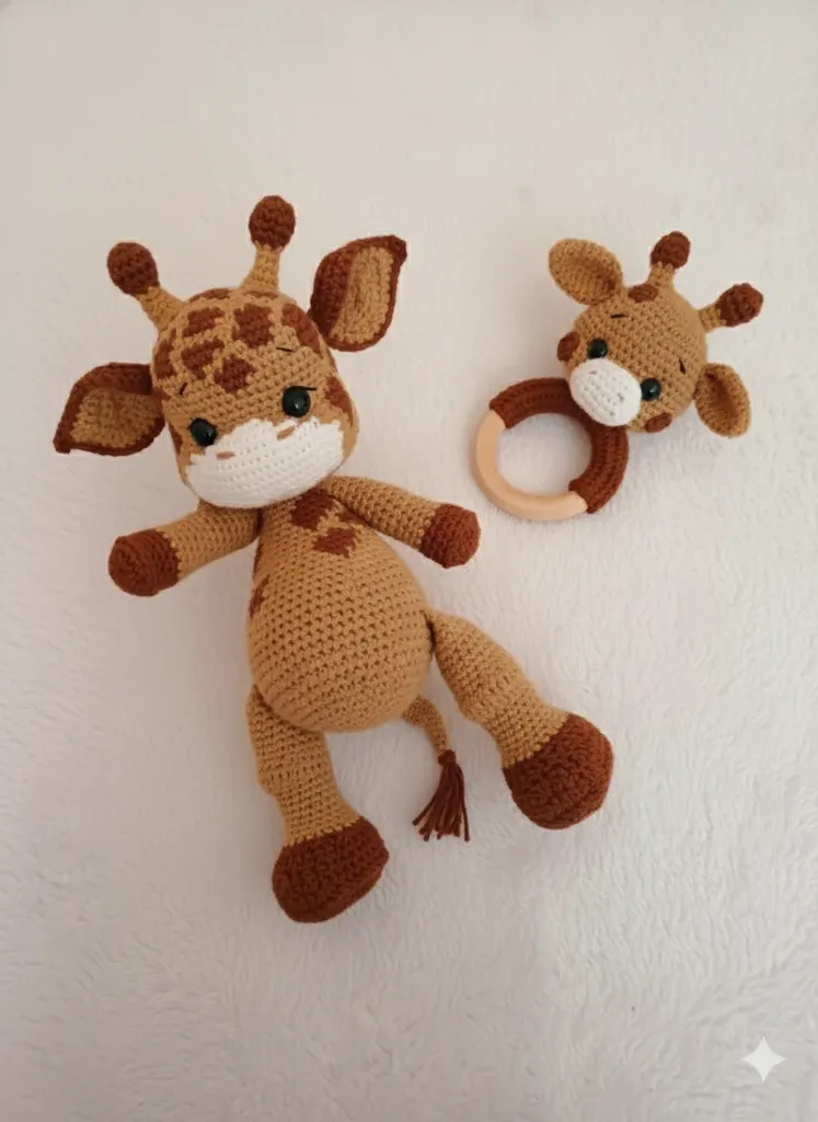 Örme Zürafa Oyuncak ve Ahşap Halkalı Çıngırak Seti - El Emeği