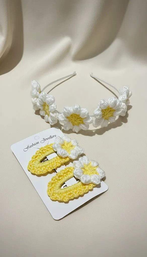Sarı ve Beyaz Çiçek Detaylı Örgü Toka ve Taç Seti - El Emeği