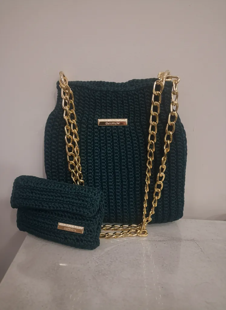 Kadın Yeşil Örgü Omuz Çantası ve Cüzdan Seti - Zincir Detaylı