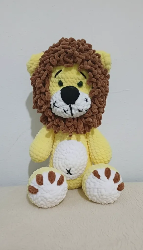 Sarı ve Kahverengi Amigurumi Aslan Oyuncak - Güvenli Kilit Gözlü
