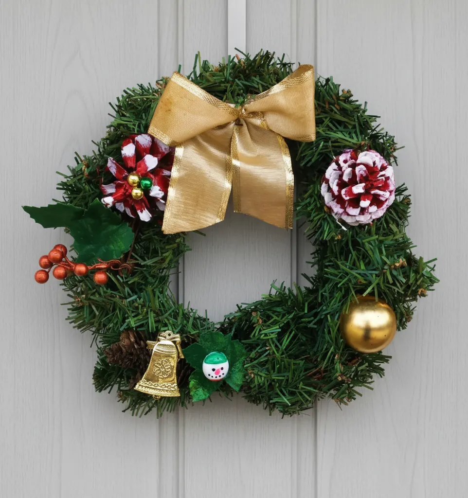 Yeşil Yapraklı ve Altın Kurdeleli Yeni Yıl Kapı Süsü - El Yapımı