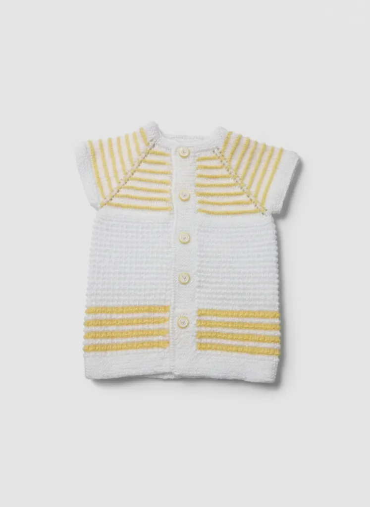 Beyaz Sarı Çizgili Örgü Bebek Yeleği - 1 Yaş El Emeği