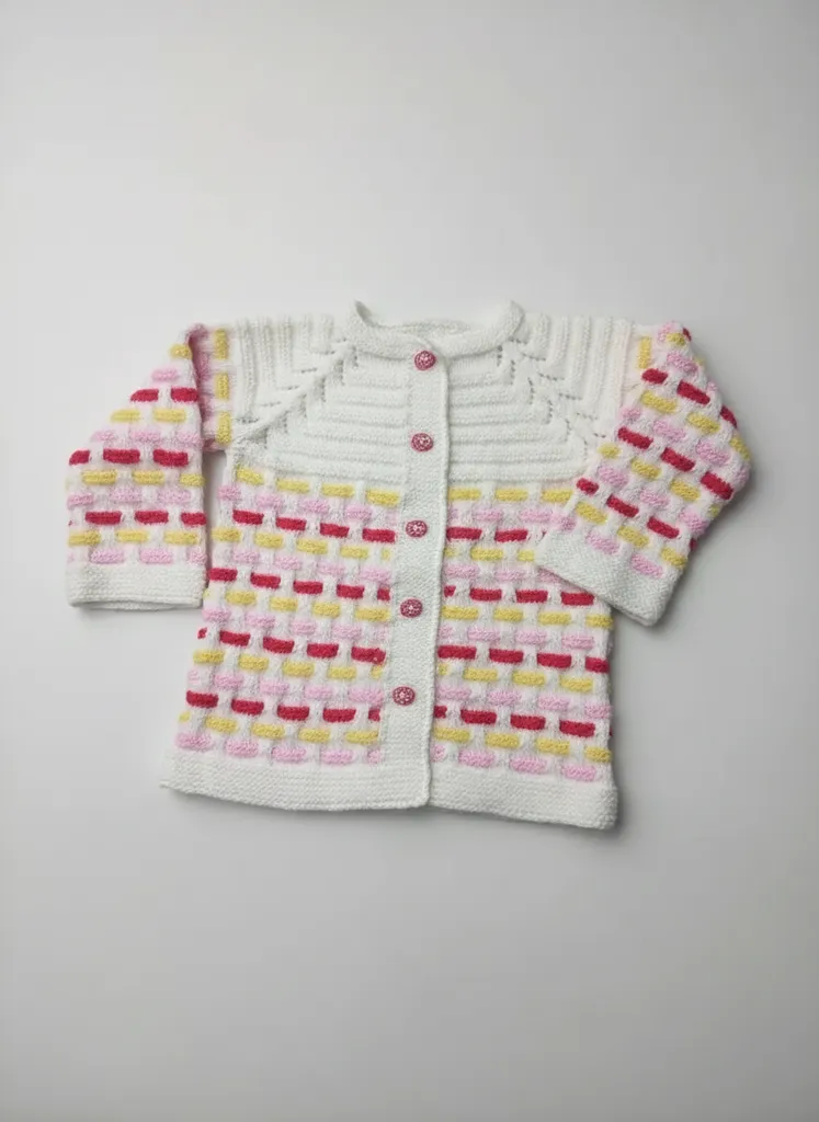 Kız Çocuk Beyaz Örgü Hırka - Pembe ve Sarı Detaylı, El Örmesi