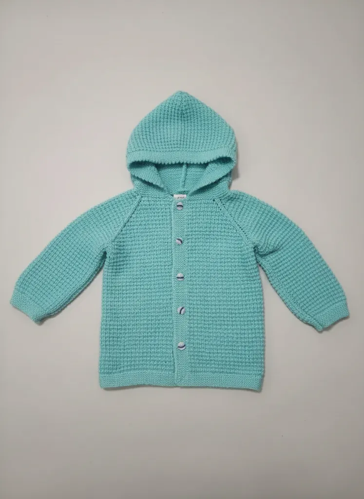 Örgü Kapüşonlu Çocuk Hırka - Mavi Renk, Düğmeli, El Emeği