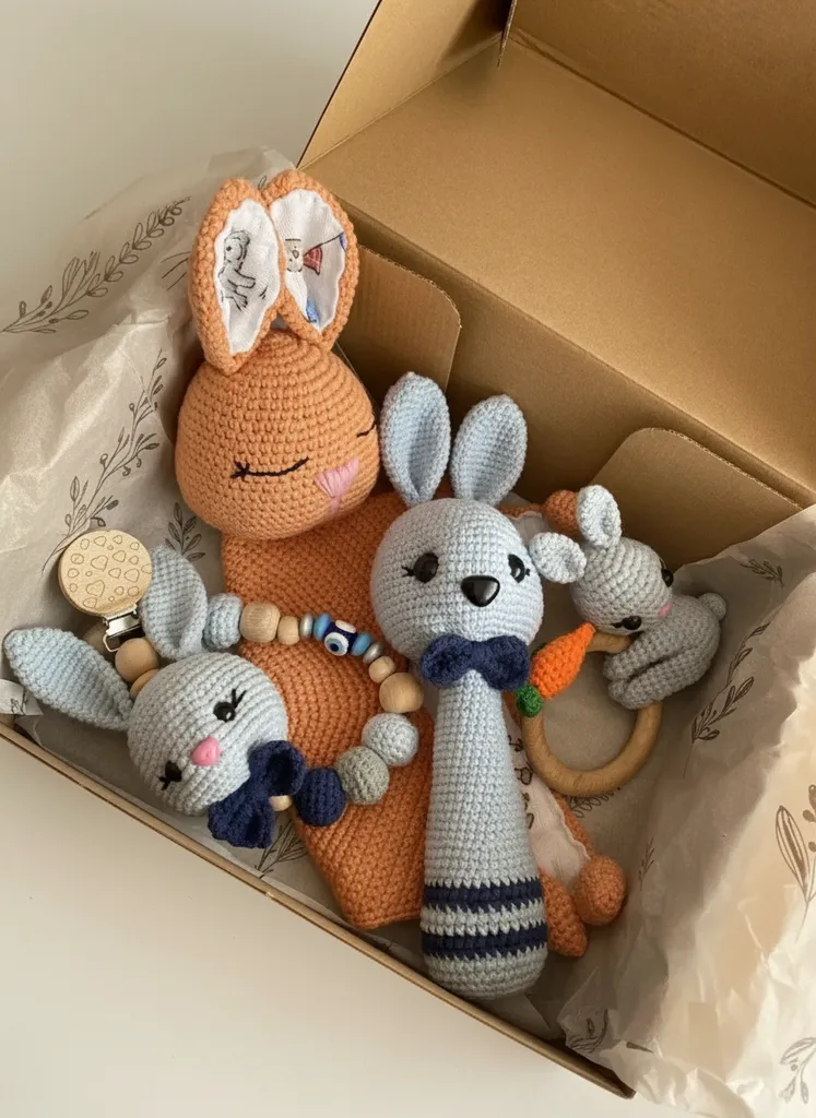 Örgü Oyuncak Yeni Doğan Bebek Seti - Tavşan Temalı Hediye Kutusu