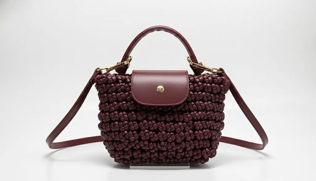 Bordo Deri Detaylı Örgü Mini Omuz Çantası - El Yapımı