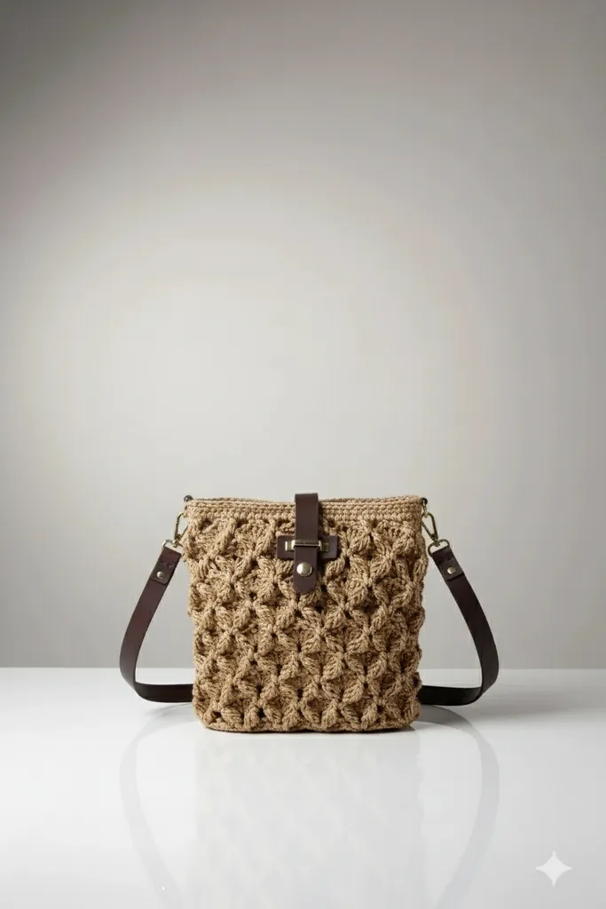 Kahverengi Kağıt İp Örgü Omuz Çantası - El Emeği Tasarım