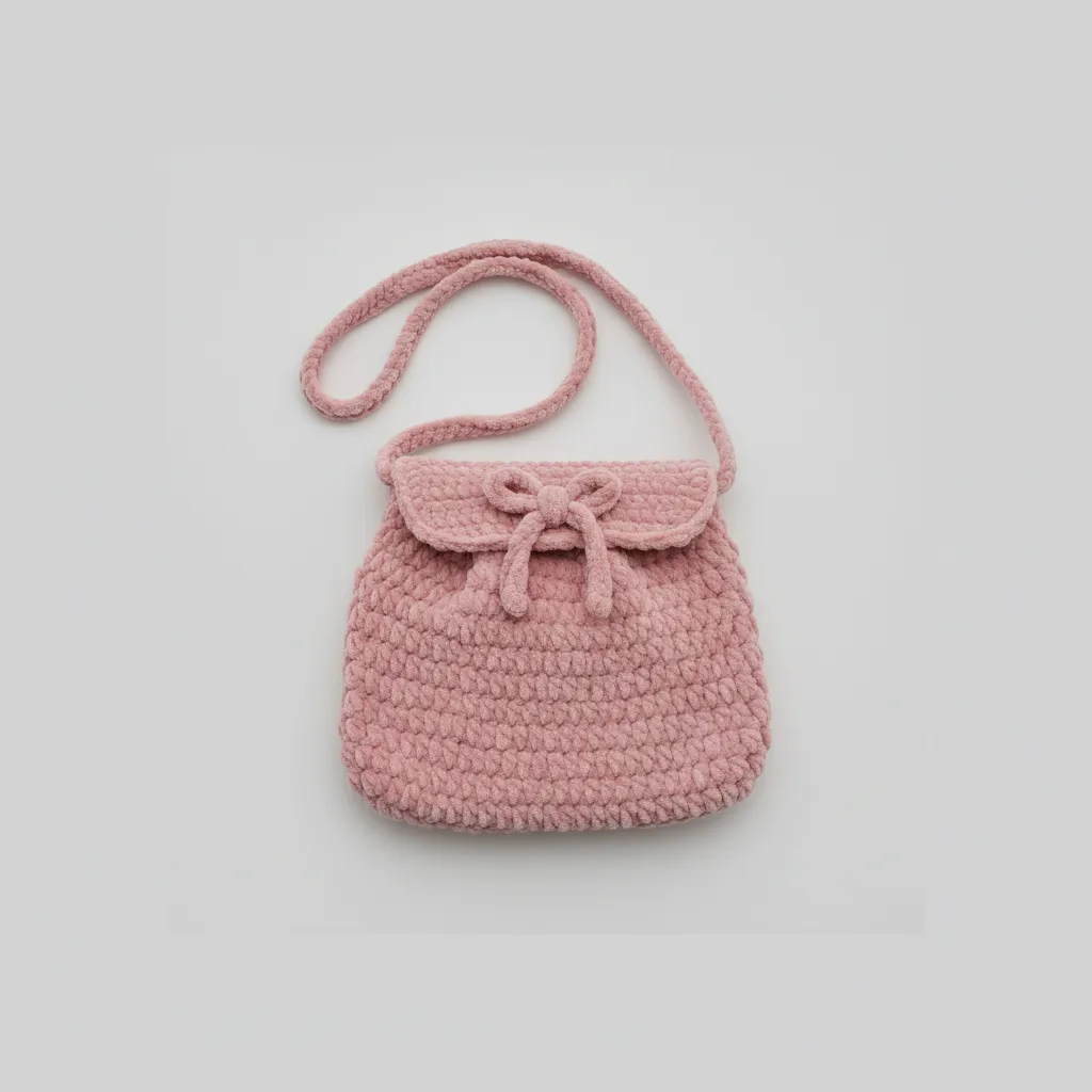 Pembe Kadife İpten Örme Çocuk Çantası - Fiyonk Detaylı, El Emeği