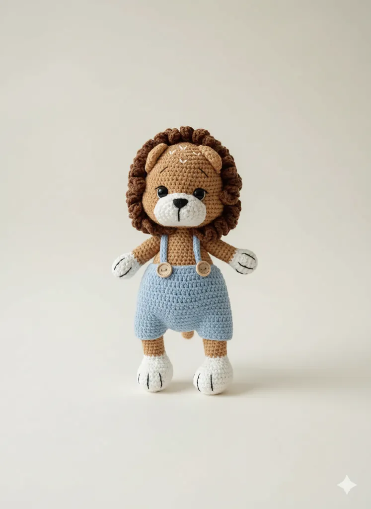 Mavi Tulumlu Örgü Aslan Bebek Oyuncak - El Emeği Amigurumi