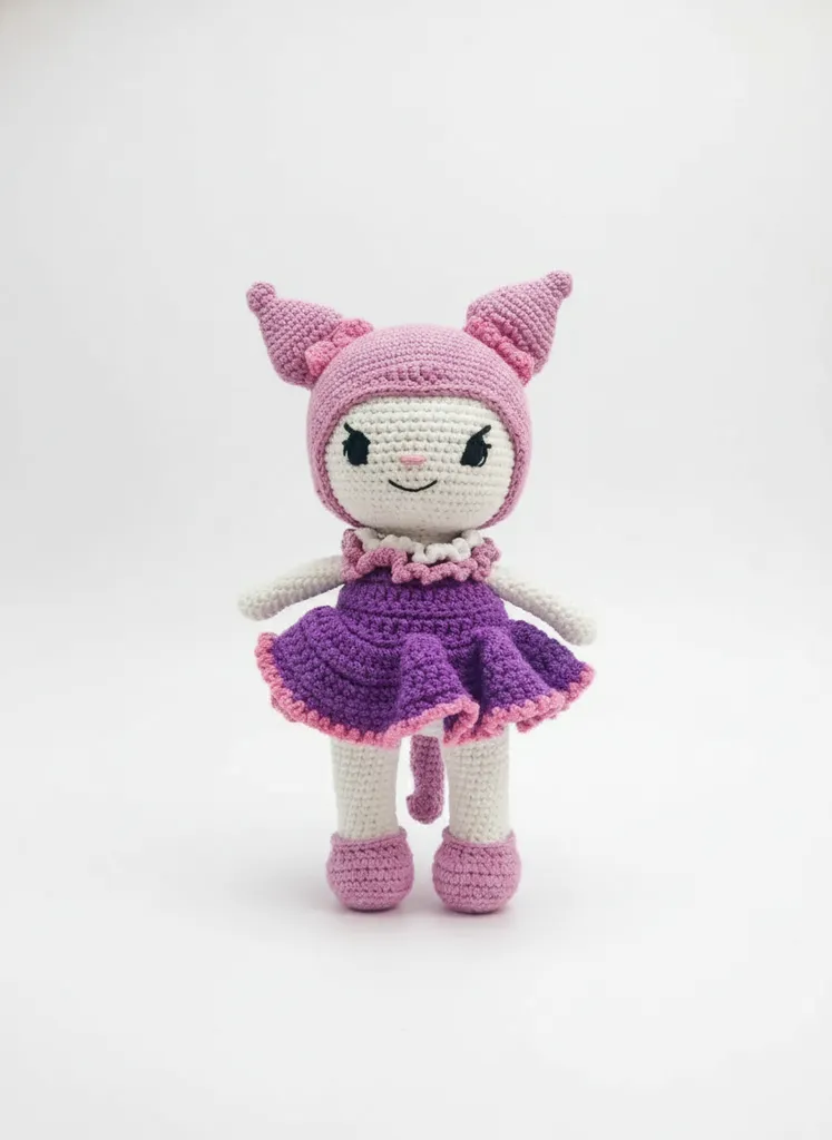Kuromi Amigurumi Oyuncak Bebek - Mor Elbiseli ve El Emeği 25 cm