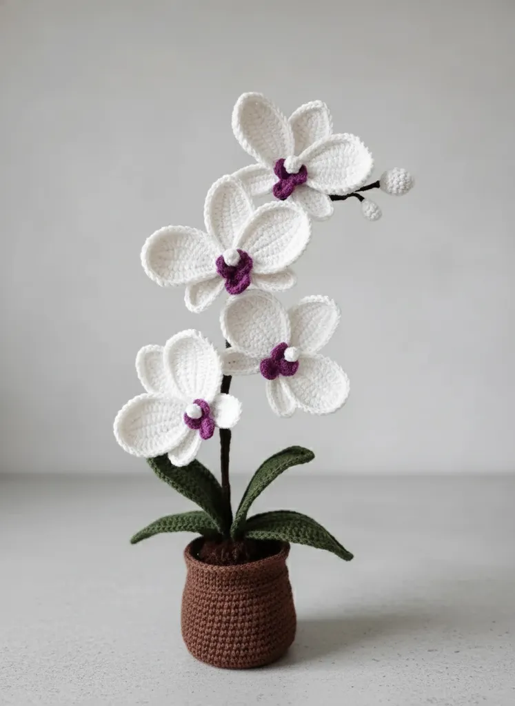 Beyaz 4 Çiçekli Örgü Orkide - El Yapımı Dekoratif Solmayan Çiçek