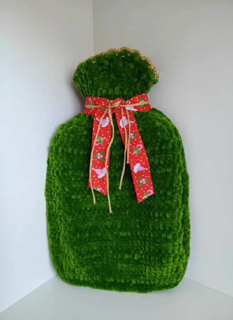 Yeşil Kadife İple Örülmüş Sıcak Su Torbası Kılıfı - El Emeği