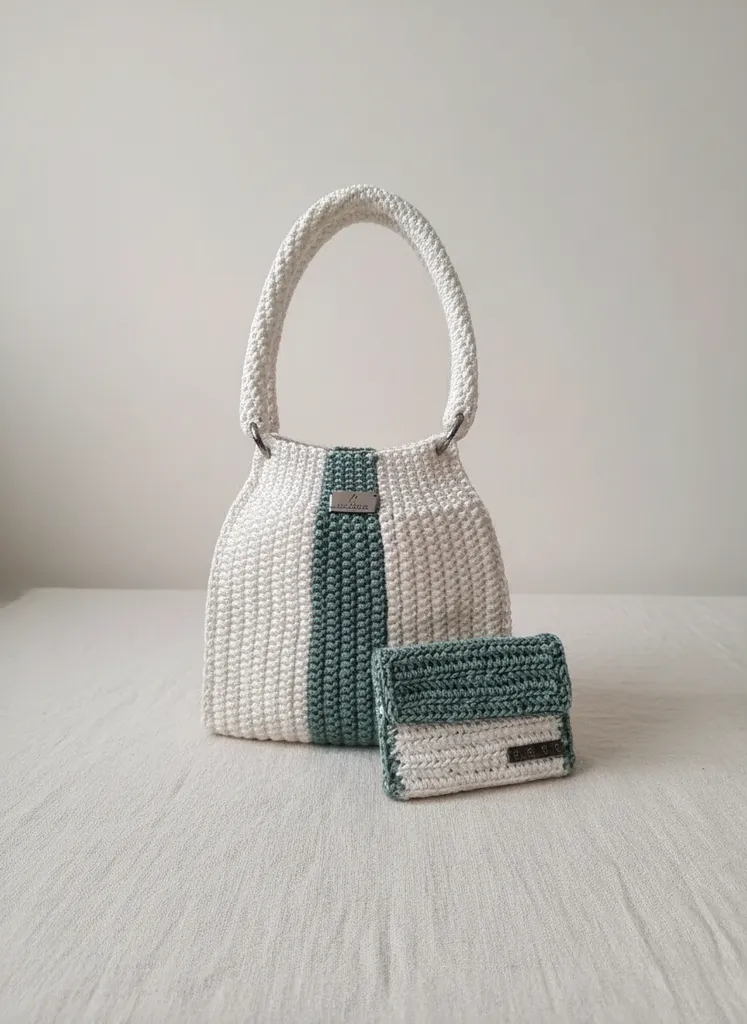 Beyaz ve Yeşil Detaylı Örgü Bohem Kadın Çanta ve Kartlık Seti