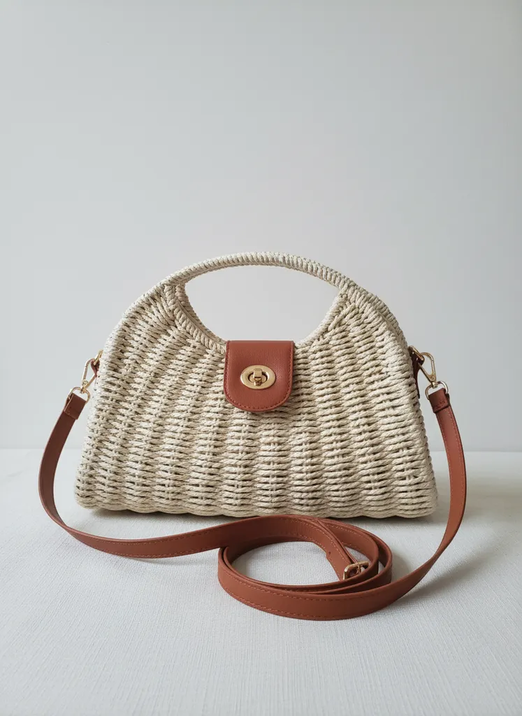 Şık Krem Rengi Hasır Omuz Çantası - Kahverengi Deri Detaylı