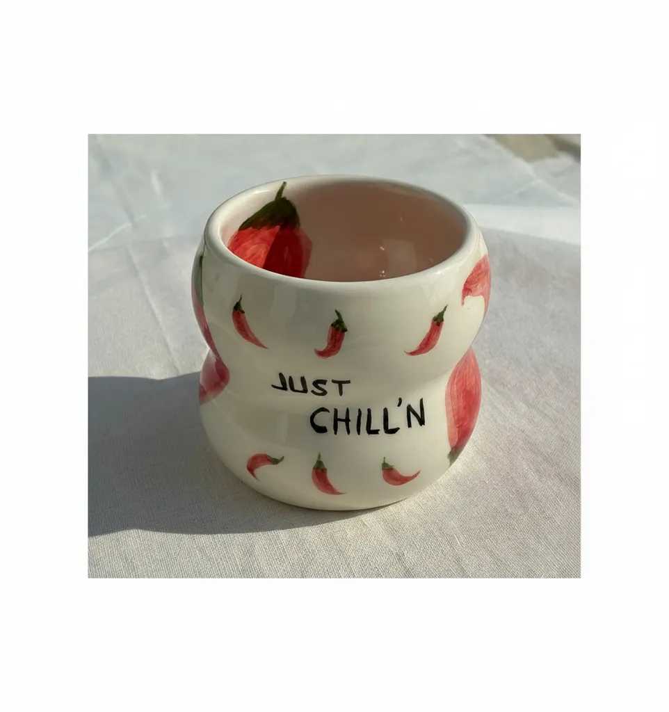 Seramik Chili Desenli Kupa Bardak - Just Chill'n Yazılı 200 ml