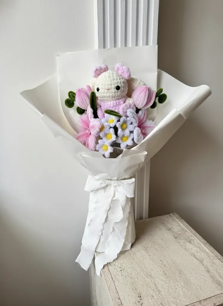 Şönil Peluş Tavşanlı Lily ve Papatya Çiçek Buketi - El Yapımı