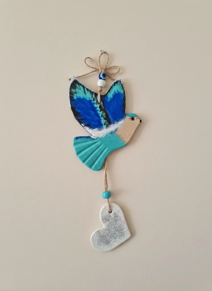 Seramik Turkuaz ve Mavi Kuş Figürlü Duvar Süsü - El Yapımı