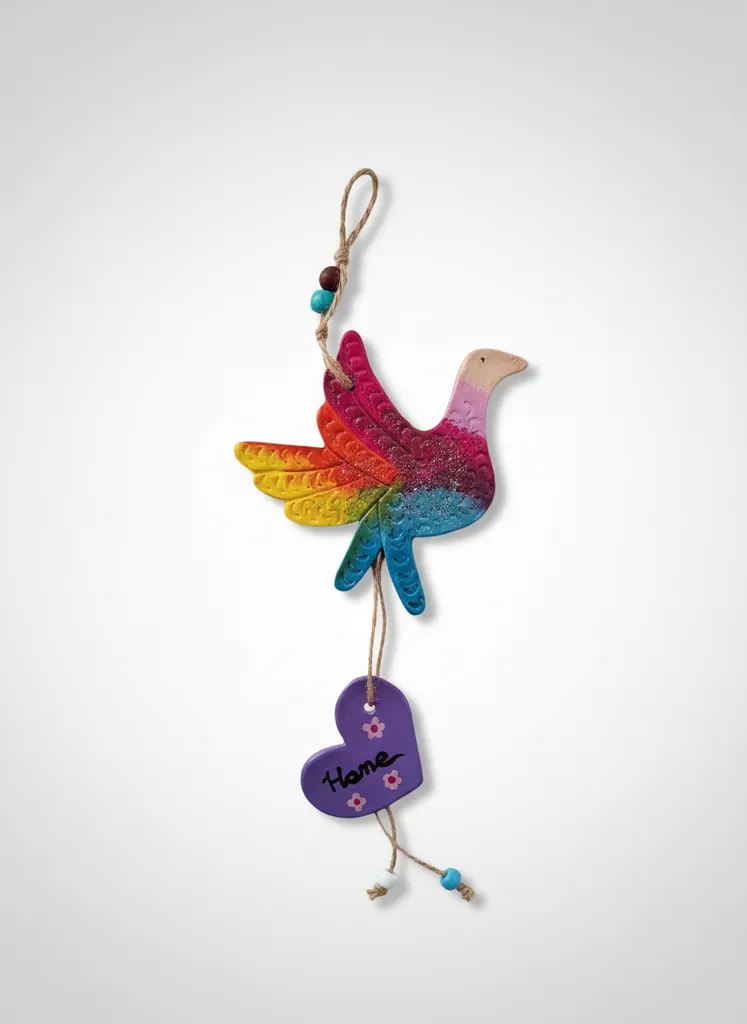 Seramik Renkli Kuş ve Kalp Figürlü Duvar Süsü - El Yapımı