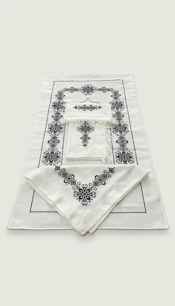 Beyaz Pamuklu Nakışlı Seccade Takımı - Seccade, Havlu ve Bohça