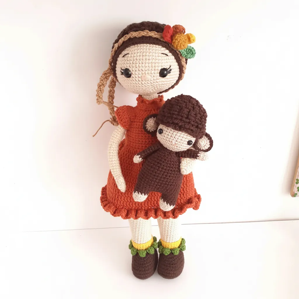 Örgü Bebek ve Oyuncak Maymun Seti - Sonbahar Temalı El Yapımı