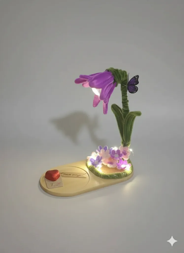 Mor Çiçekli Gece Lambası - Ahşap Tabanlı ve Kelebek Detaylı