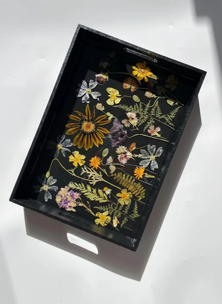 Siyah Ahşap Epoksi Tepsi - Gerçek Çiçekli Dekoratif Sunum Tepsisi