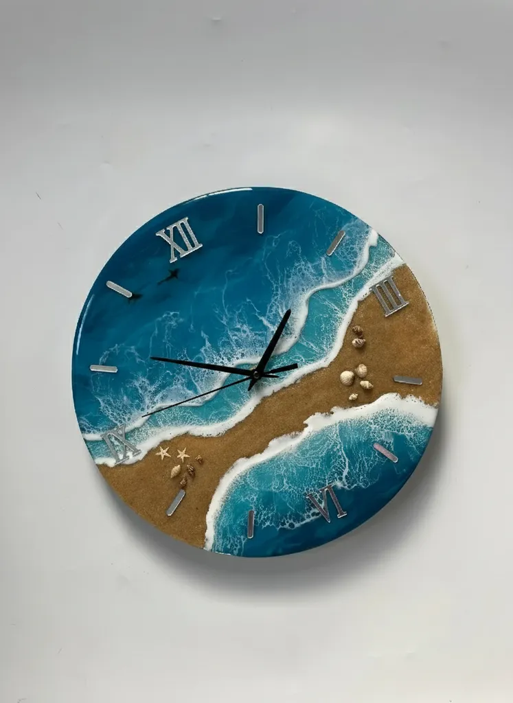 Kumsal ve Deniz Temalı Epoksi Duvar Saati - 32 cm, Sessiz Akar