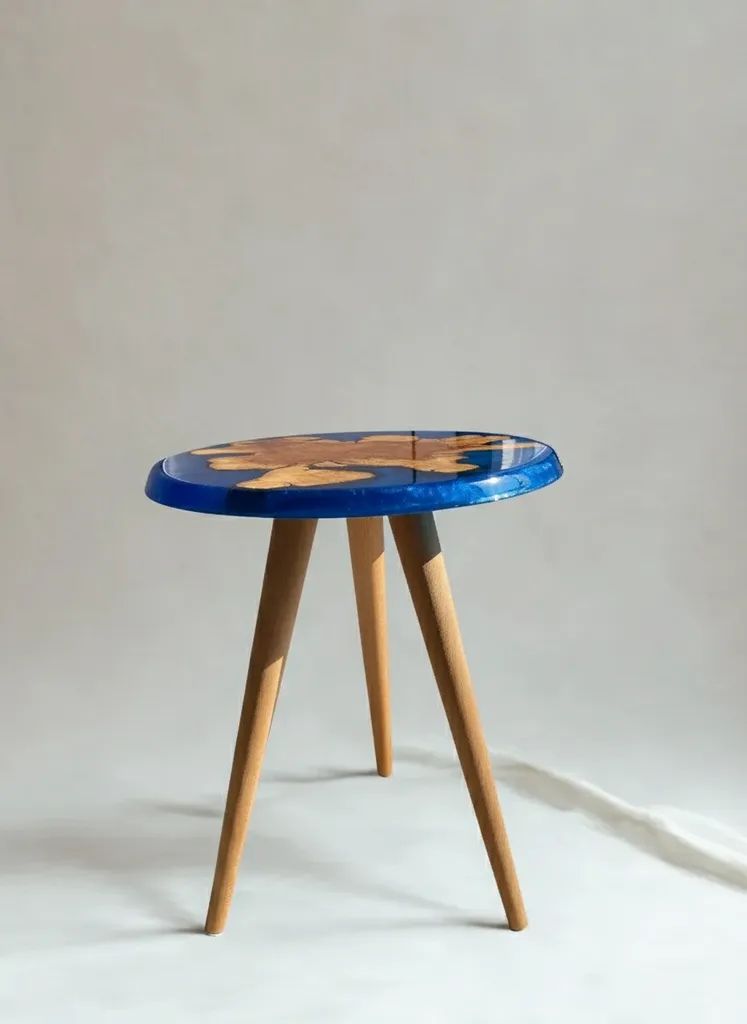 Zeytin Ağacı Desenli Mavi Epoksi Detaylı Ahşap Yan Sehpa 48 cm