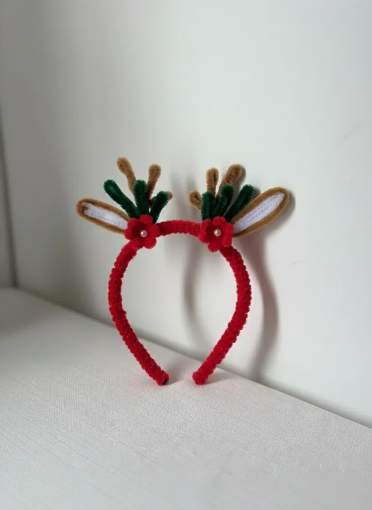 Kırmızı Şönil Boynuzlu ve Çiçek Detaylı Yılbaşı Tacı - El Yapımı