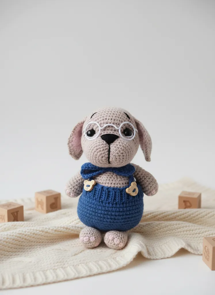 Örgü Amigurumi Köpek Oyuncak - Mavi Tulumlu ve Gözlüklü - El Emeği