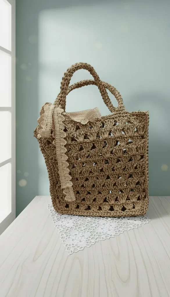 Kahverengi Kağıt İp Örgü Omuz Çantası - El Örgüsü Tasarım