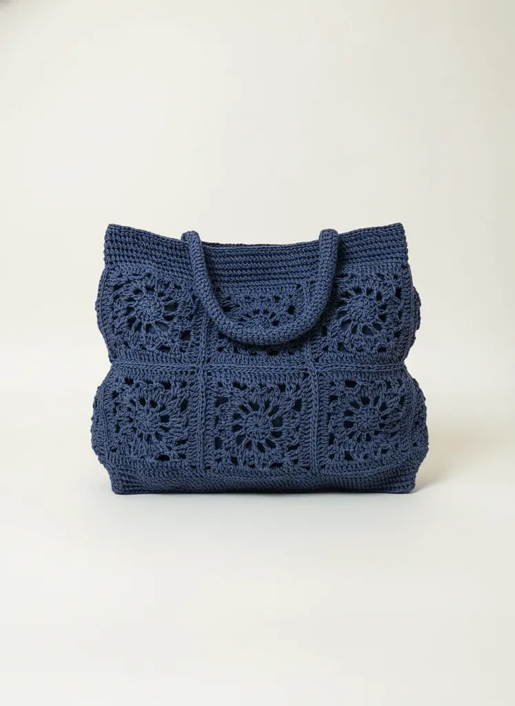 Lacivert Kağıt İp Örgü Omuz Çantası - Motifli ve Şık Tasarım