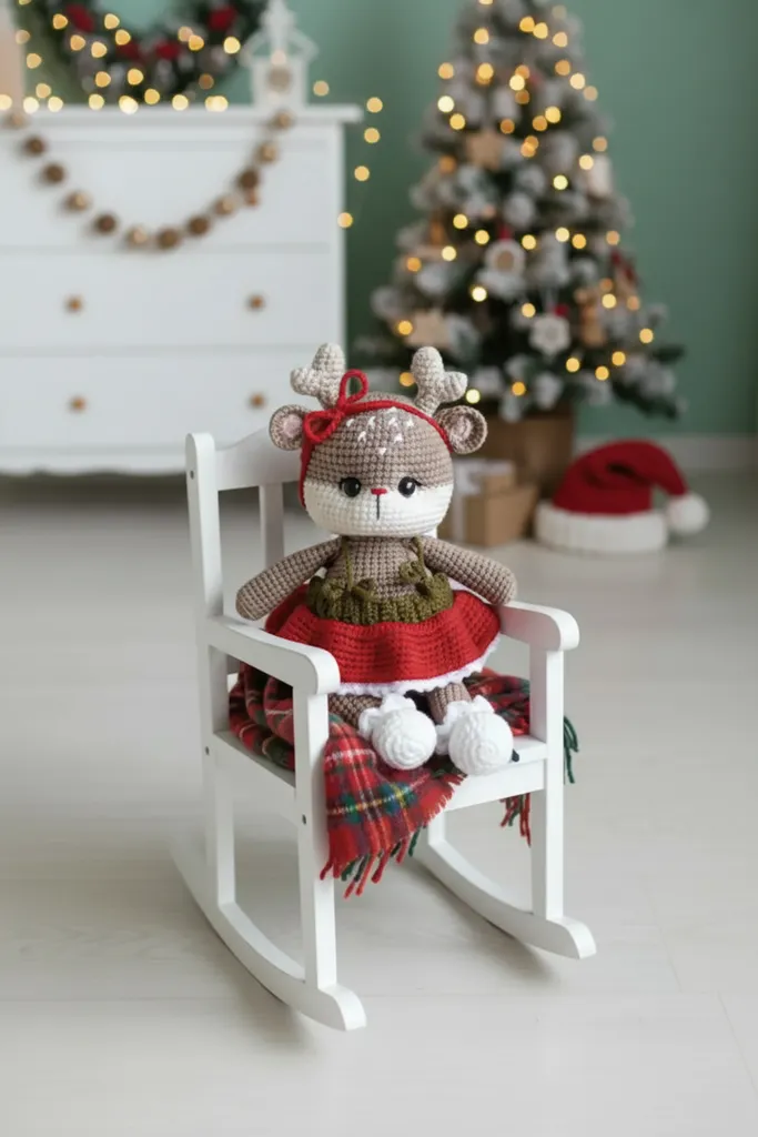 Kırmızı Elbiseli Örgü Geyik Amigurumi Oyuncak Bebek 26 cm - El Emeği