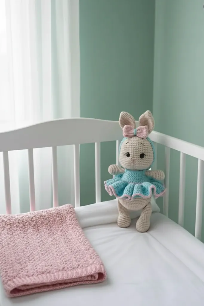 Mavi Elbiseli Örgü Tavşan Amigurumi Bebek Uyku ve Oyun Arkadaşı