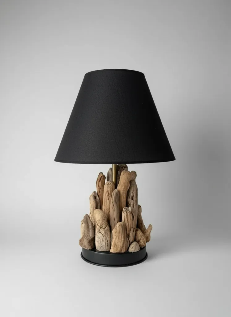 Driftwood Ahşap Masa Lambası - Siyah Abajurlu El Yapımı Aydınlatma