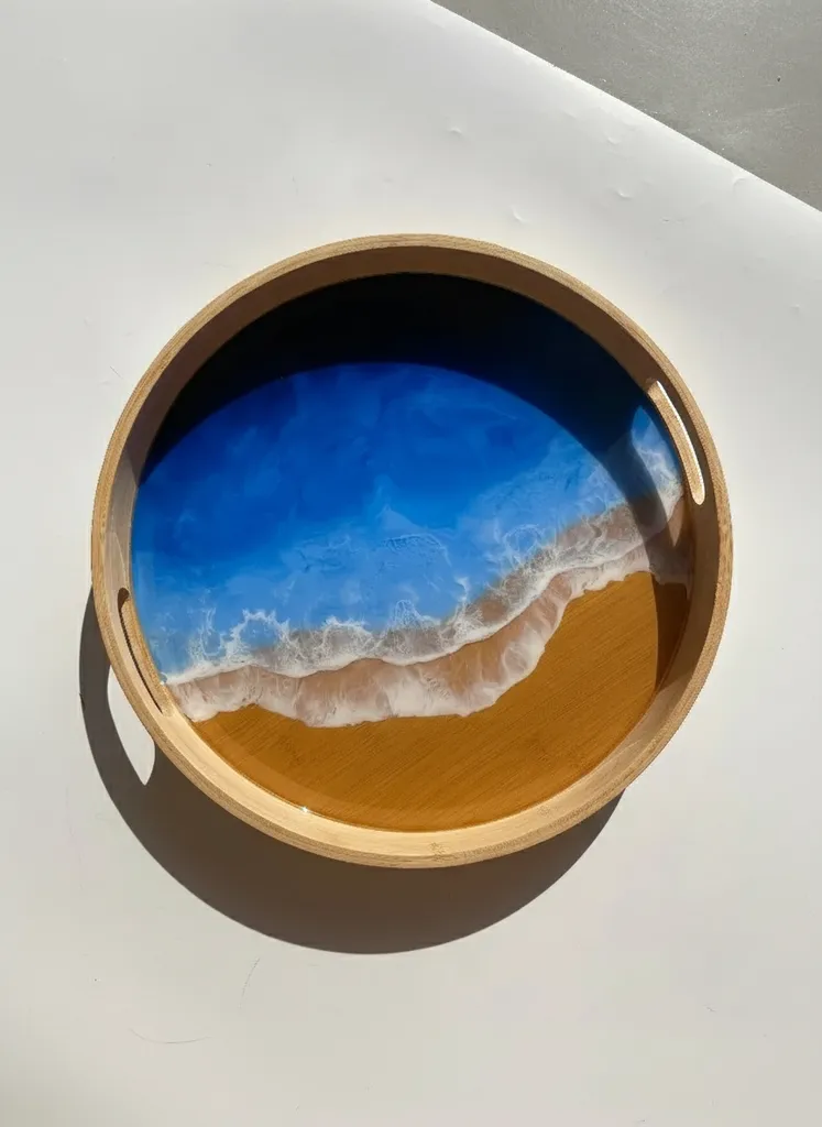 35 cm Yuvarlak Bambu Epoksi Deniz Dalgası Desenli Servis Tepsi