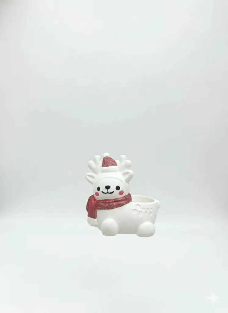 Sevimli Geyik Tasarımlı Simli Kırmızı Dekoratif Mumluk - El Yapımı