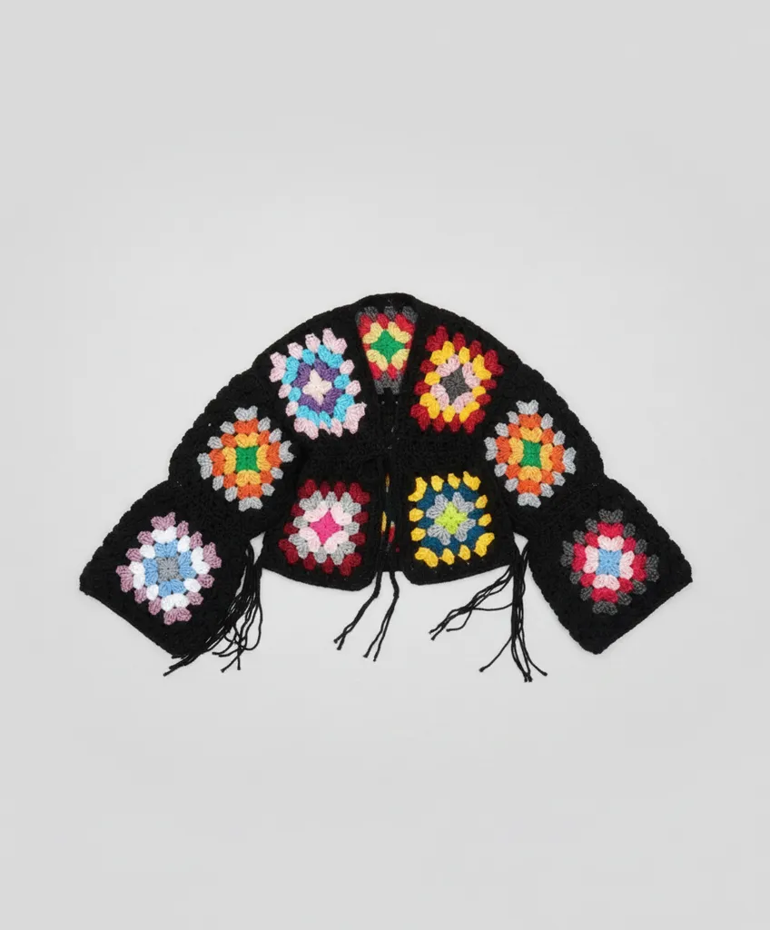 Kare Motifli Siyah Örgü Hırka - Bağcıklı, El Emeği Tasarım