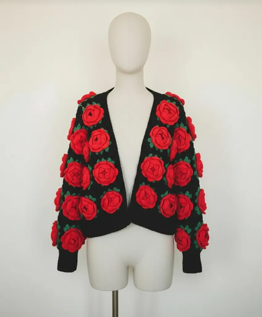 Siyah Zemin Üzeri Kırmızı Gül Desenli Örgü Hırka - El Emeği