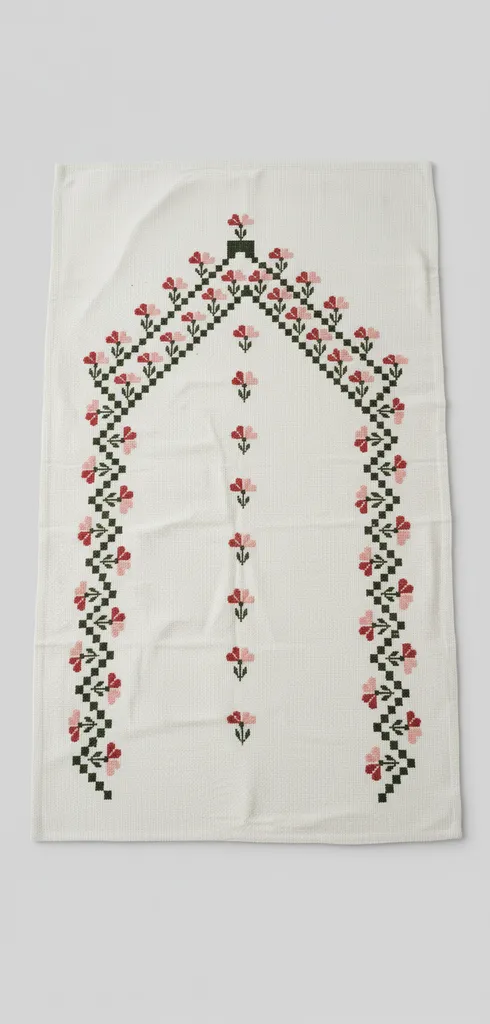 Krem Renkli Etamin İşlemeli Çiçek Desenli Seccade - El Emeği
