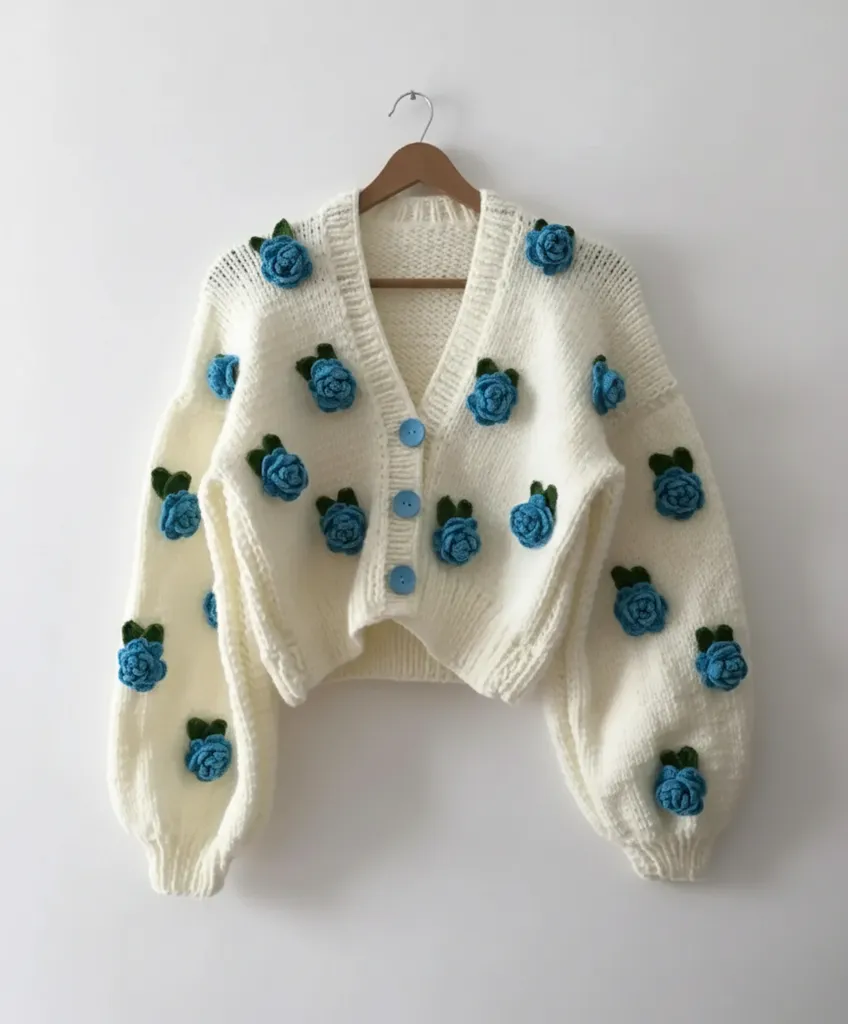Örme Beyaz Hırka - Mavi Çiçek Detaylı, V Yaka, El Örgüsü
