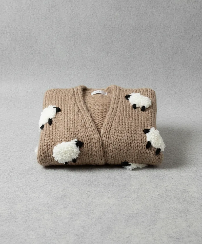 Kahverengi Örgü Koyun Desenli Hırka - El Emeği