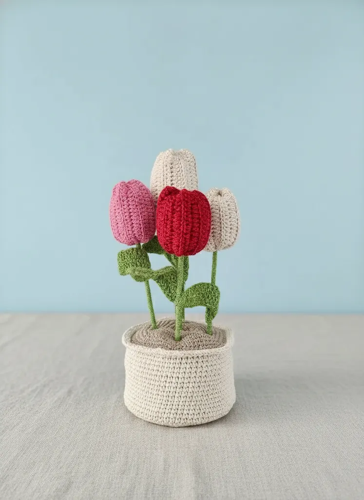 Renkli Amigurumi Lale Buketi - Örme Saksıda Dekoratif Çiçek