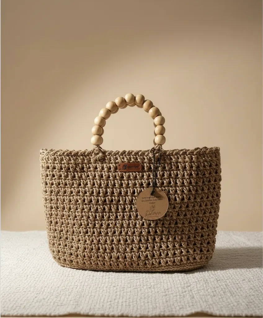 Kahverengi Kağıt İp Örgü Boncuk Saplı Astarlı Kol Çantası