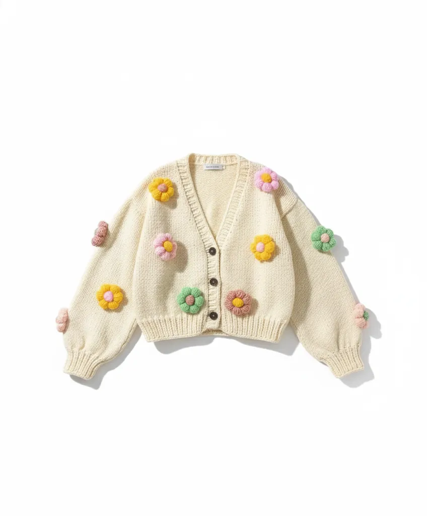 Krem Renkli Çiçek Desenli Örgü Hırka - El Emeği