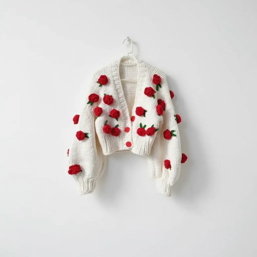 Beyaz Örgü Hırka - Kırmızı Gül Desenli, Kısa Model, El Örgüsü
