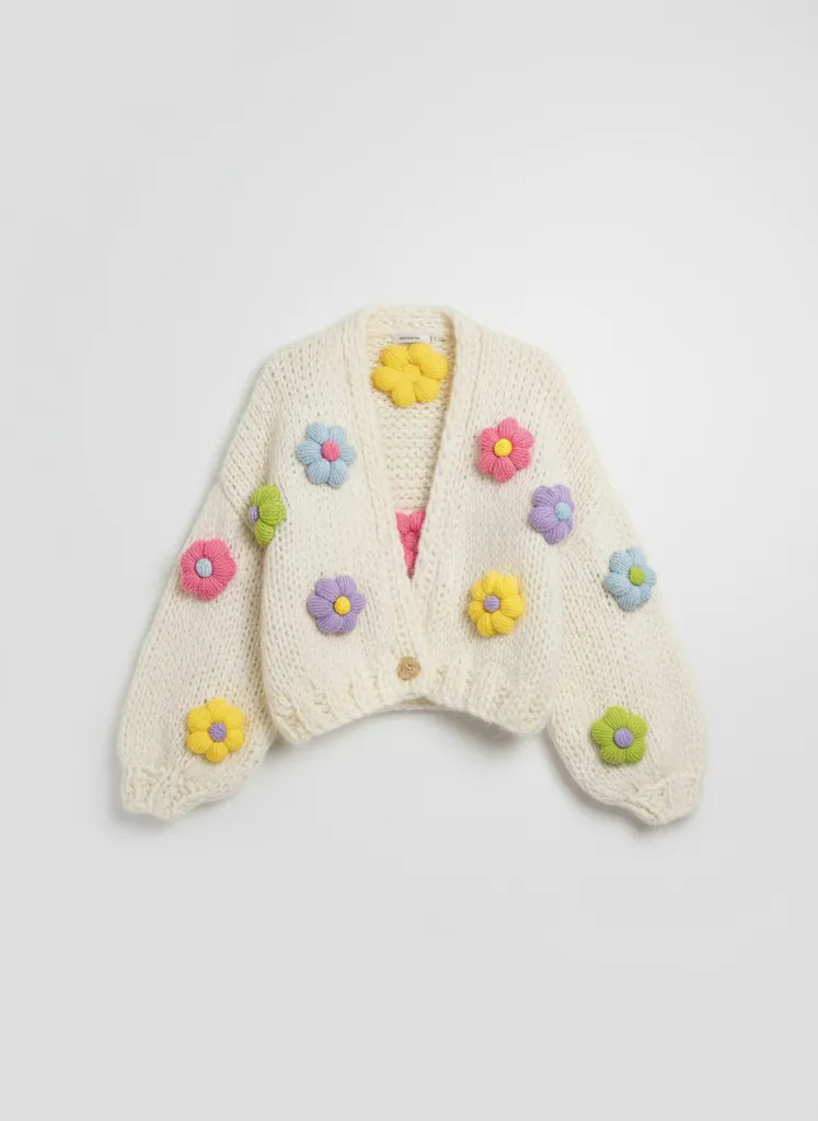 Krem Rengi Çiçek Desenli Örgü Hırka - El Emeği Triko Hırka