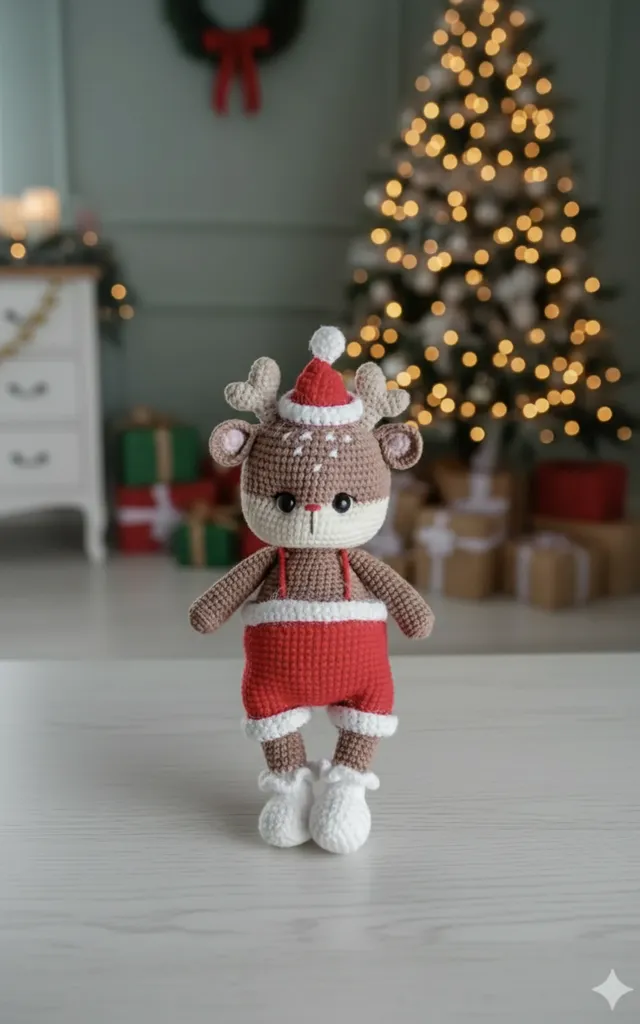 Amigurumi Kırmızı Tulumlu Yılbaşı Geyiği - Hediyelik Örgü Oyuncak